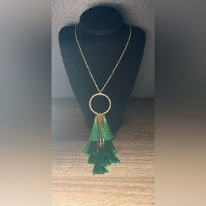 Chico’s Elegant Green Tassel Hoop Earrings & Necklace Set